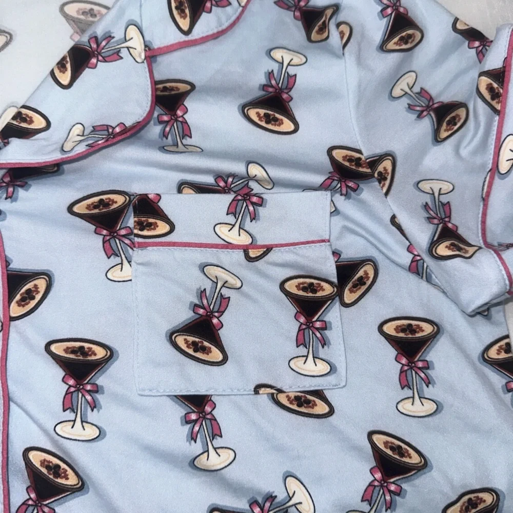 Haute Dreamz Blue Cocktail Martini Print Pajama Sleepwear Set Womens Size M